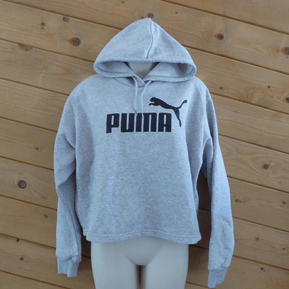 Puma Heather Gray Logo Long Sleeve Crop Hooded Hoodie Fleece Sweater Top L